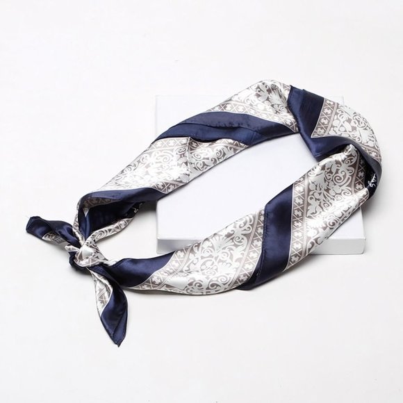 NEW Blue Ivory Paisley Floral Printed Square Silky Scarf Wrap - Picture 3 of 11